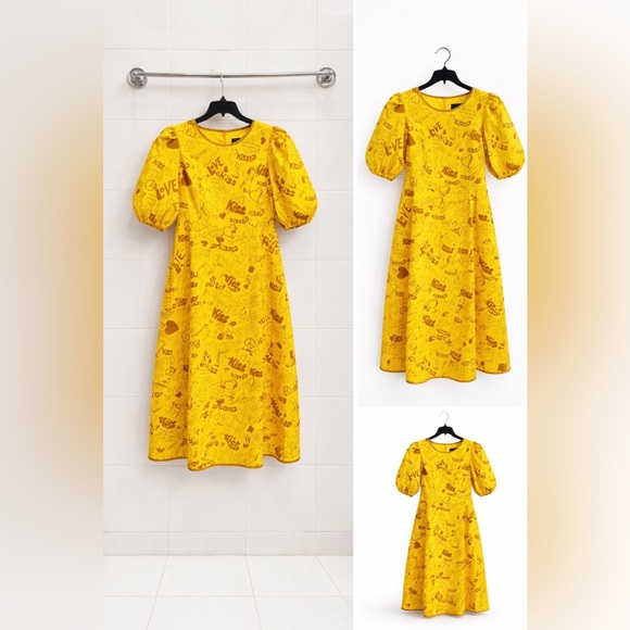 Dresses & Skirts - Yellow Puff Sleeve A-Line Dress with Graphic Print
